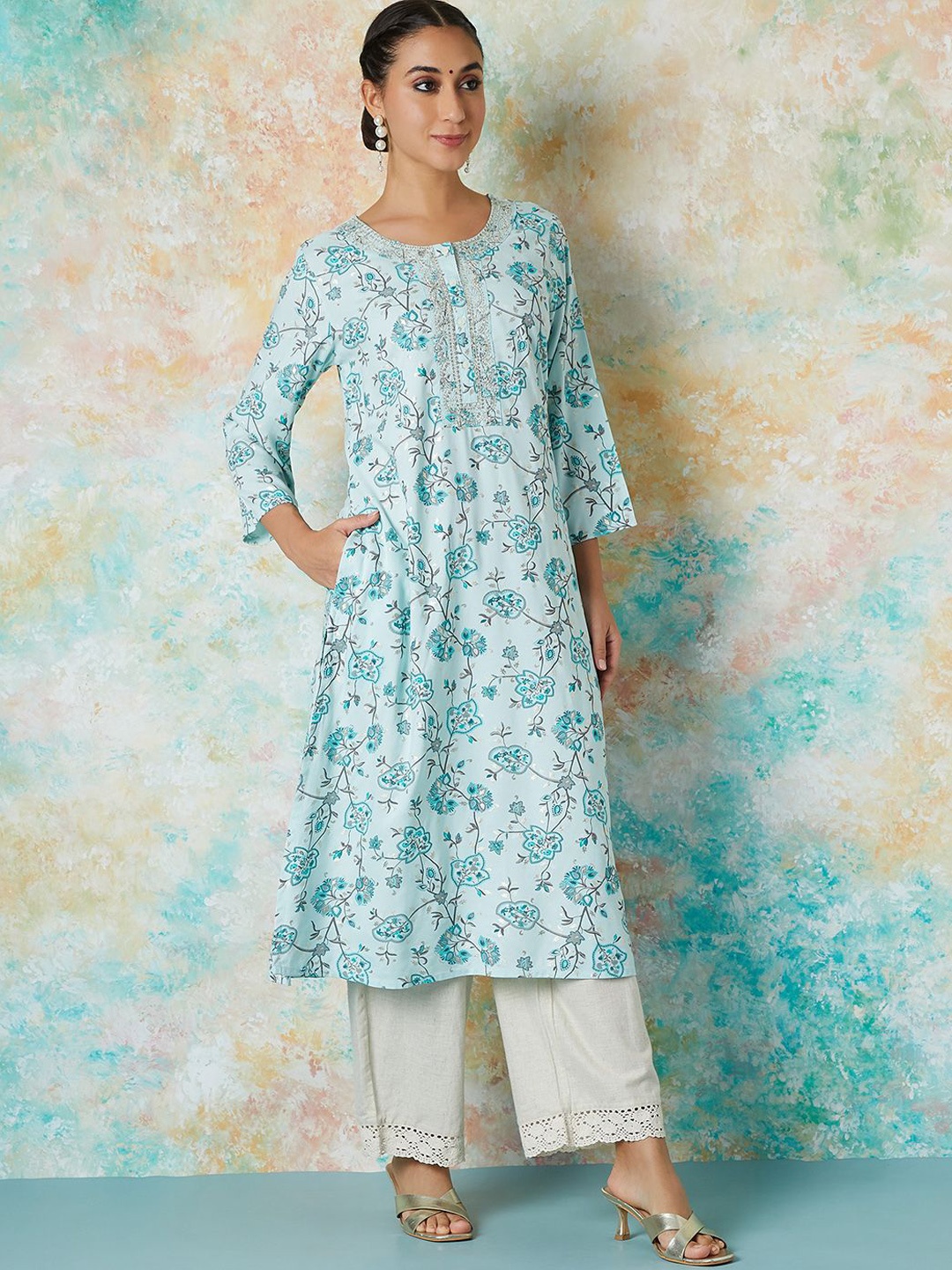 

Melange by Lifestyle Women Dyed Flared Sleeves Gotta Patti Kurta, Blue