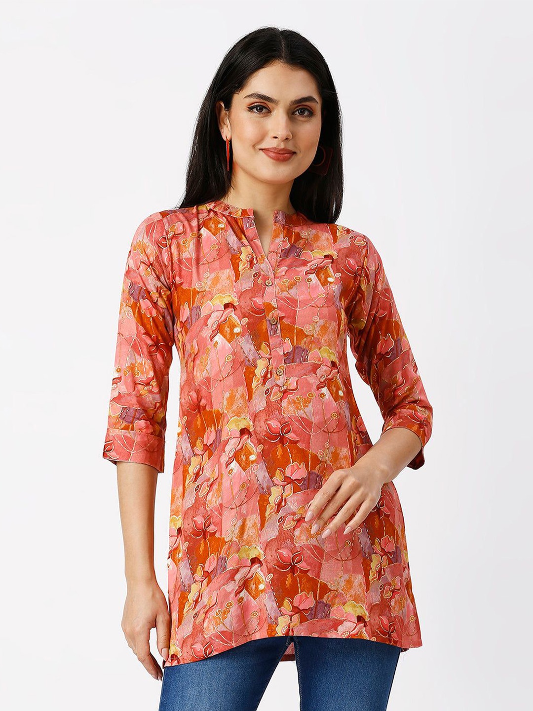 

STUNICS Floral Print Mandarin Collar Shirt Style Top, Pink