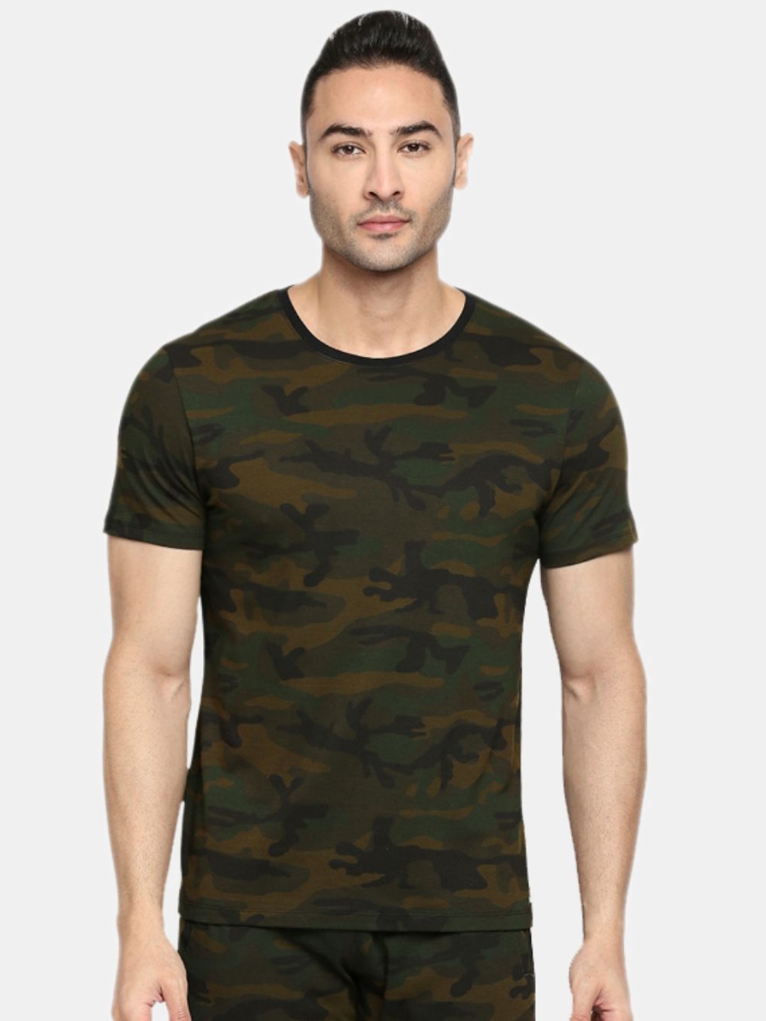 

Lovable Sport Men Camouflage Printed Raw Edge T-shirt, Olive