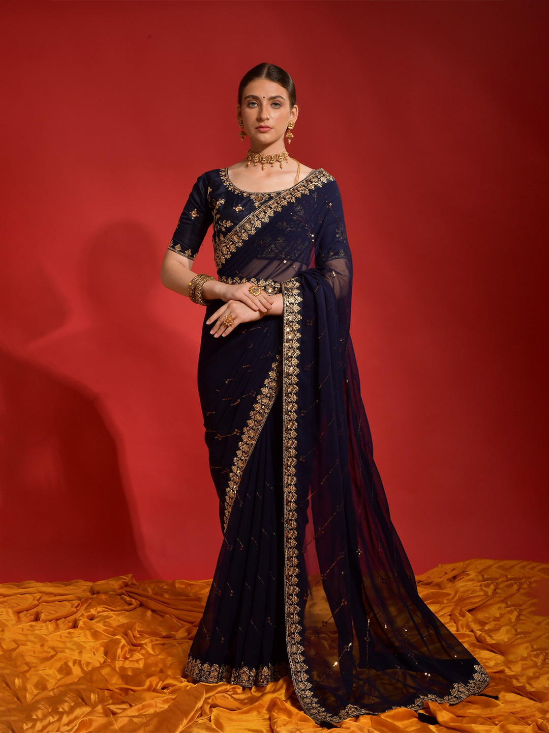

Mitera Embellished Sequinned Designer Saree With Blouse Piece, Navy blue