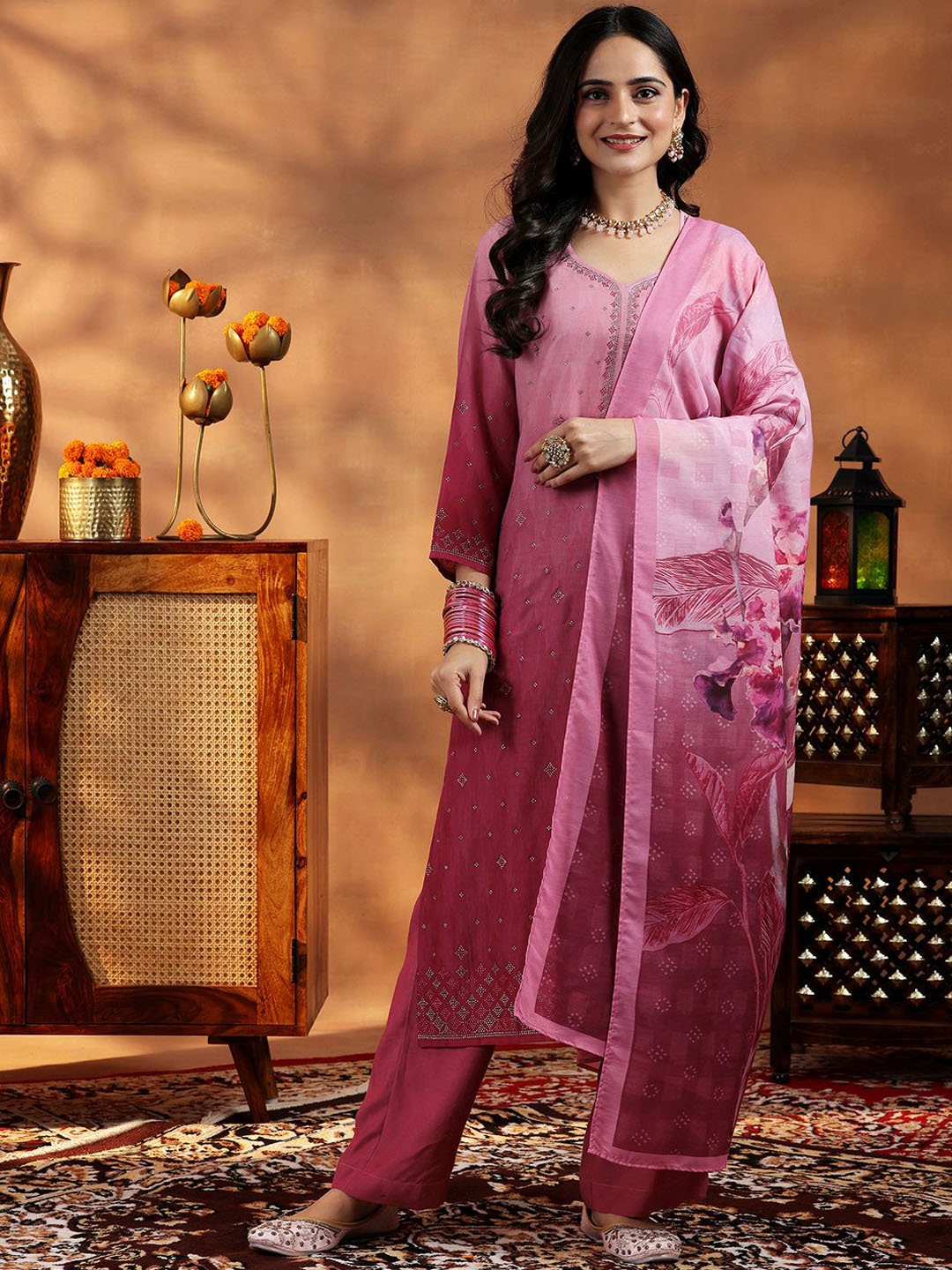 

Libas Women Embroidered Regular Beads and Stones Kurta with Trousers & With Dupatta, Pink