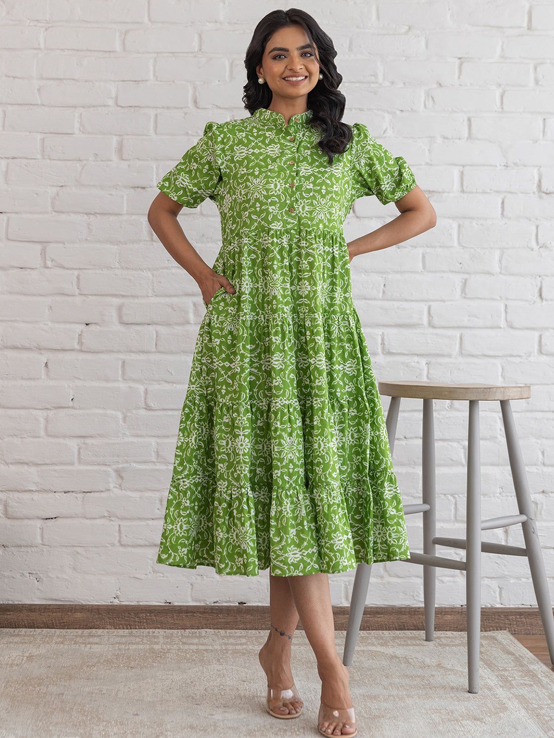 

Polago Clothing Print A-Line Midi Dress, Green