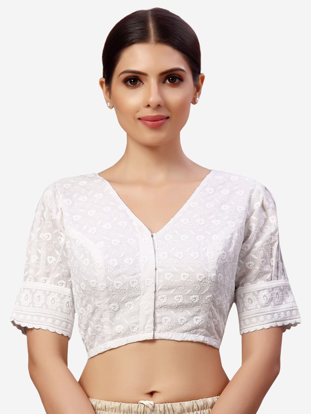 

Studio Shringaar Embroidered Non-Padded Pure Cotton Saree Blouse, White