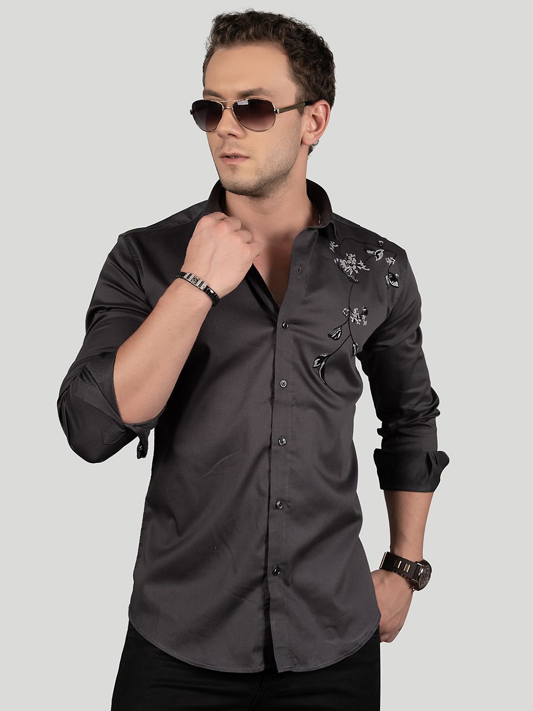 

ALMATY Men Comfort Slim Fit Opaque Party Shirt, Grey