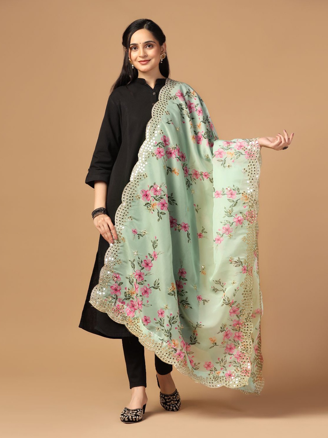 

Kaizen TEXO FAB Digital Printed Sequinned Organza Dupatta, Green