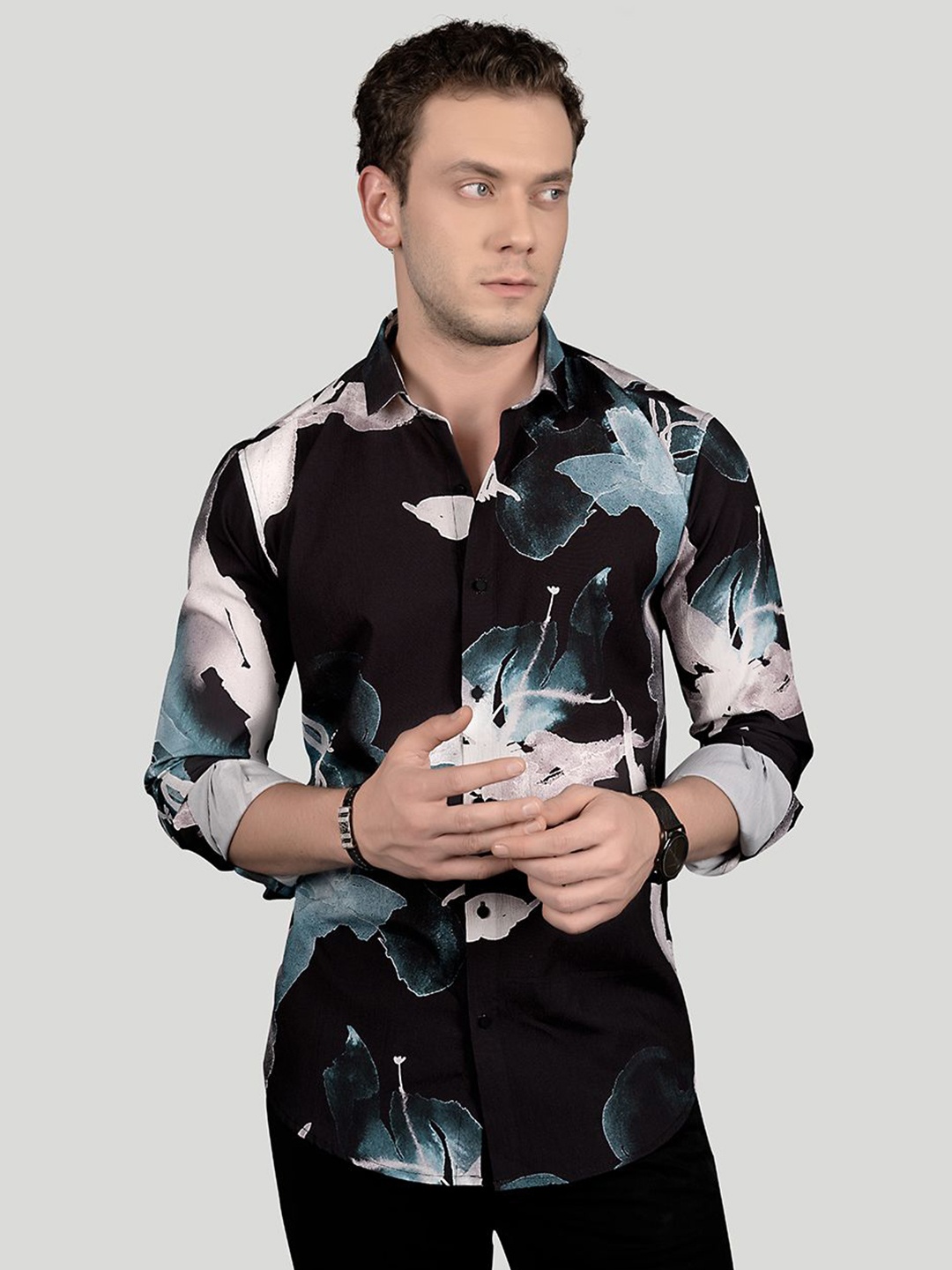 

ALMATY Men Comfort Slim Fit Opaque Printed Party Shirt, Black