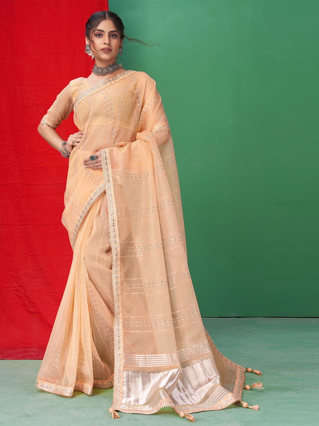 

Mitera Ethnic Motifs Zari Organza Saree, Orange