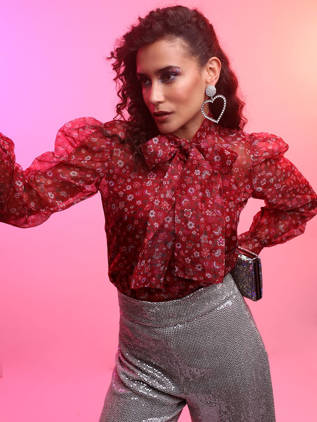 

Tokyo Talkies Floral Print Tie-Up Neck Shirt Style Top, Maroon