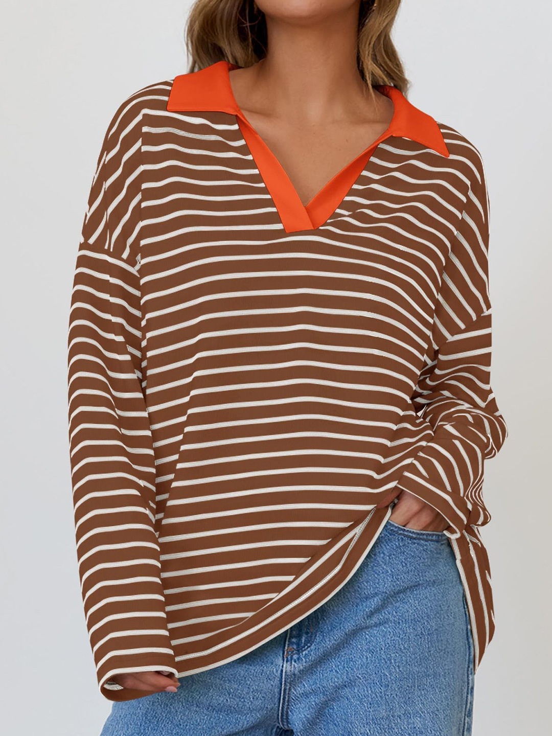 

StyleCast x Revolte Women Striped Sweatshirt, Brown