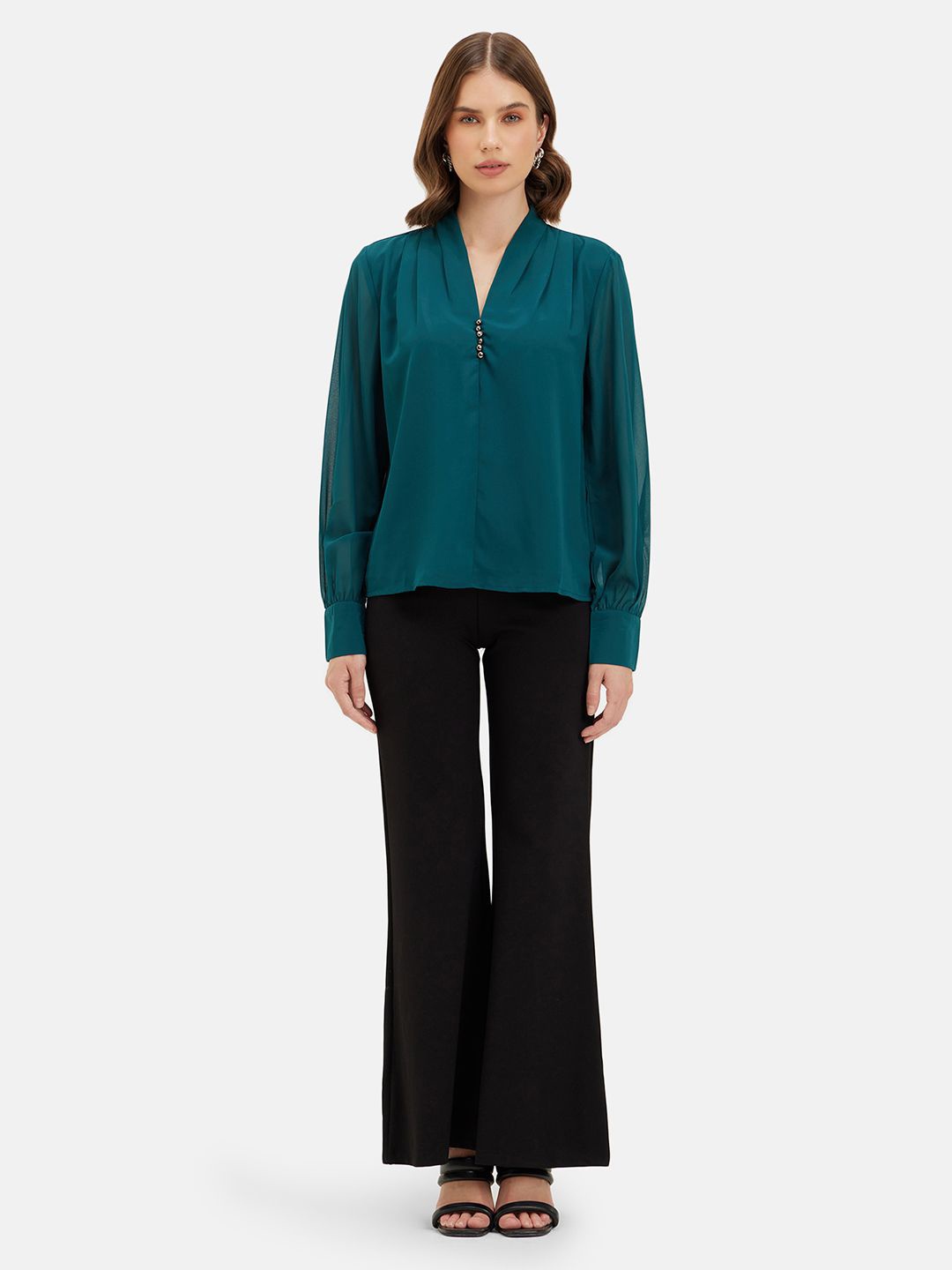 

Kazo Mandarin Collar Georgette Top, Green