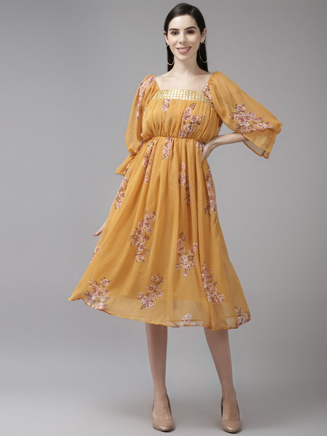 

BAESD Floral Tie-Up Neck Bell Sleeve Georgette Fit & Flare Dress, Yellow