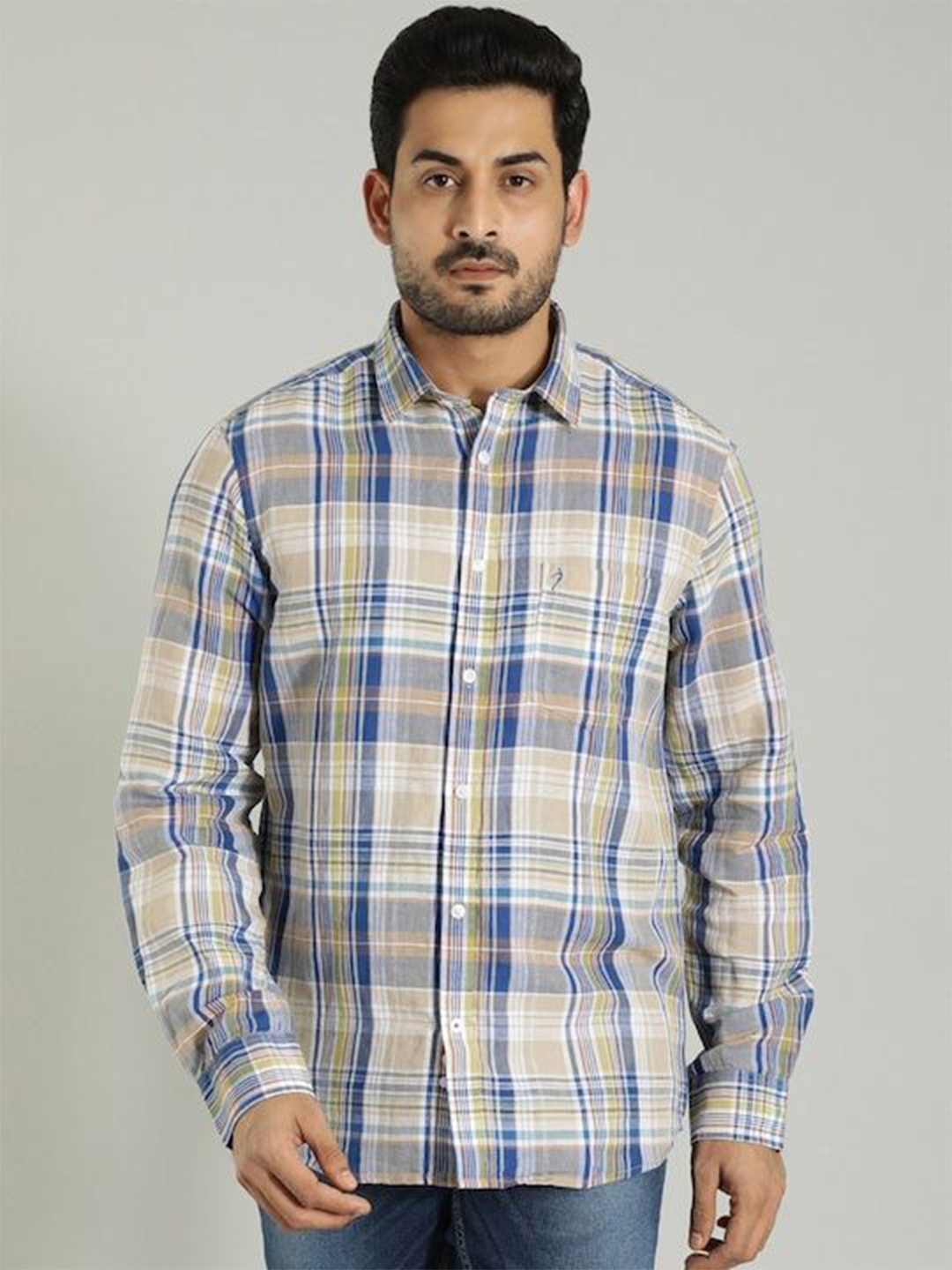 

Indian Terrain Men India Slim Spread Collar Tartan Checked Blend Slim Fit Casual Shirt, Navy blue