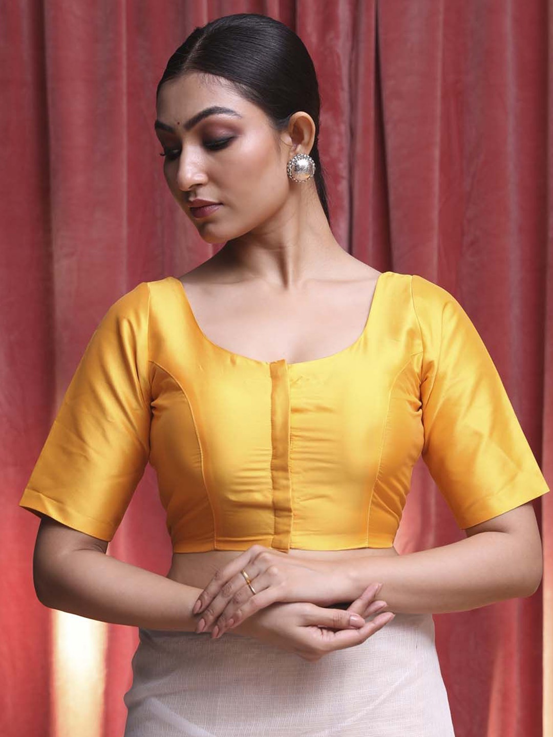 

Indethnic U Neck Short Sleeves Saree Blouse, Yellow