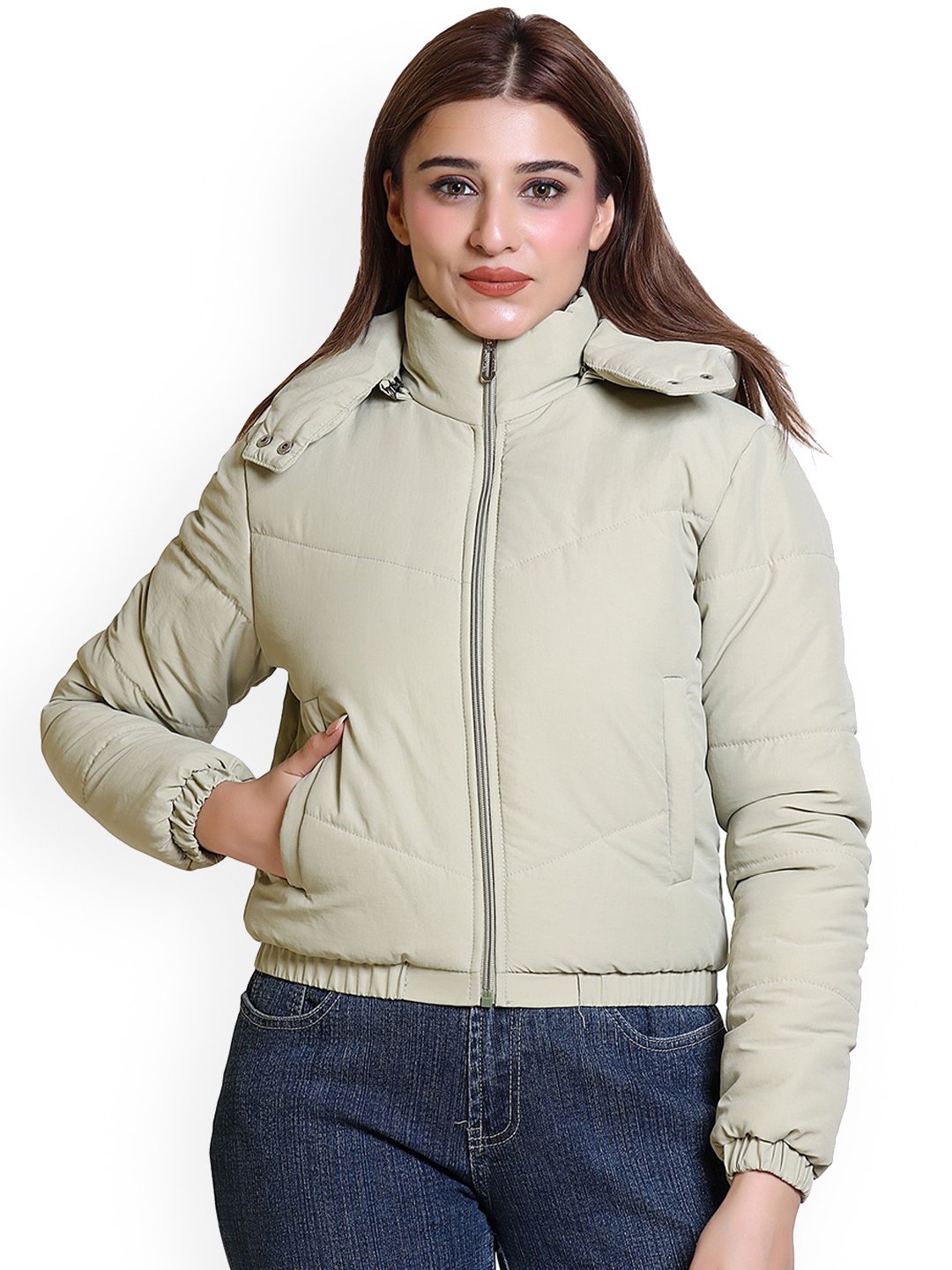 

Brazo Women Lightweight Crop Puffer Jacket with Patchwork, Green