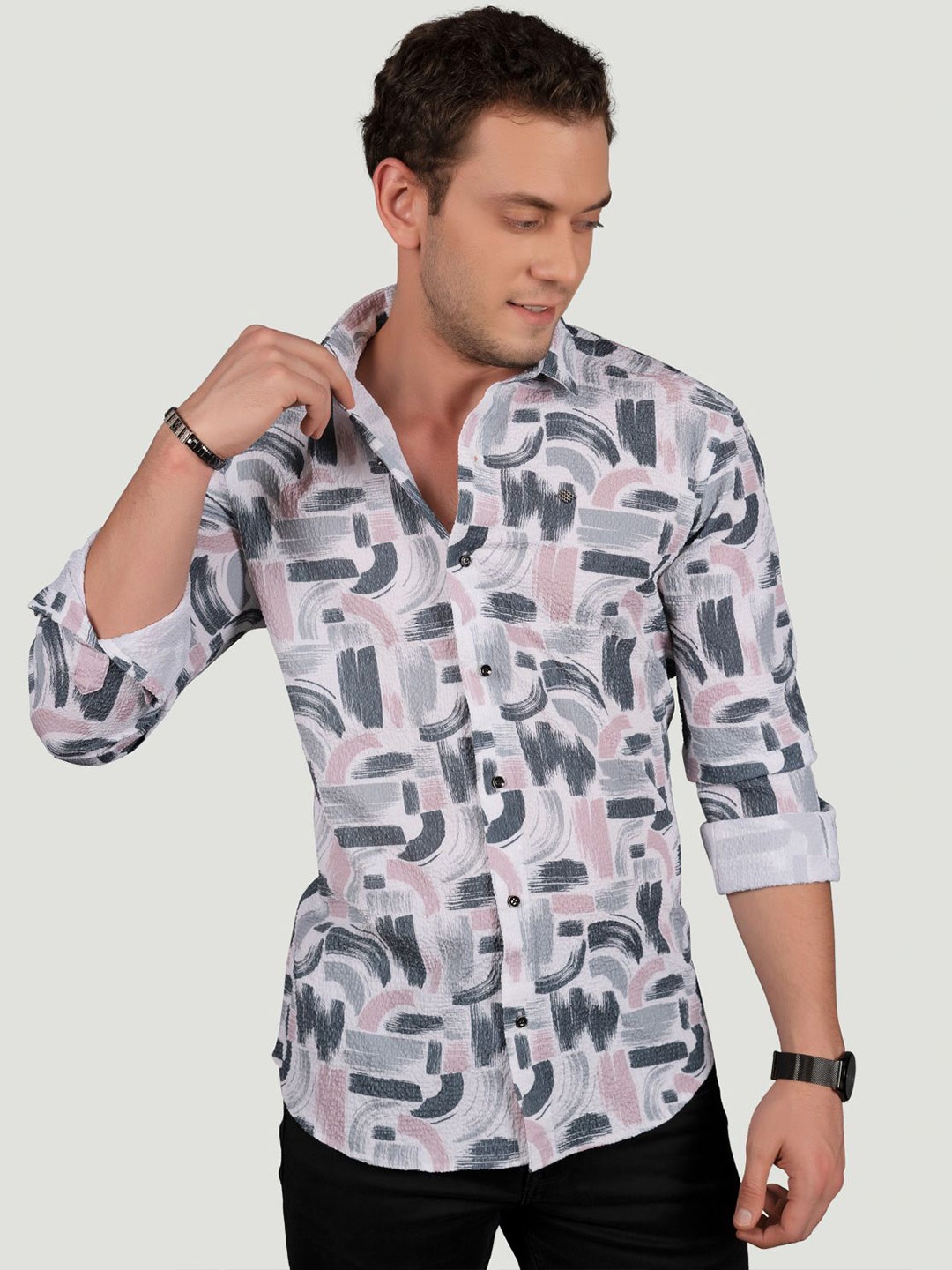 

ALMATY Men Comfort Slim Fit Opaque Printed Party Shirt, Pink