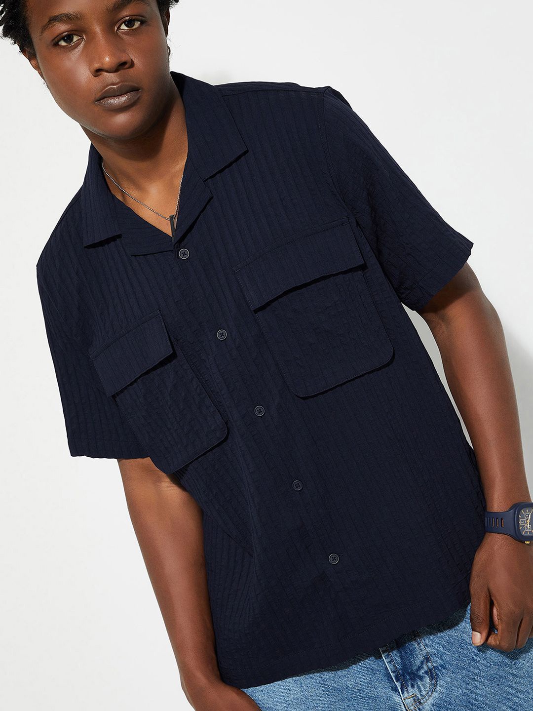 

max URB_N Men Relaxed Fit Textured Flap Pocket Shirt, Blue