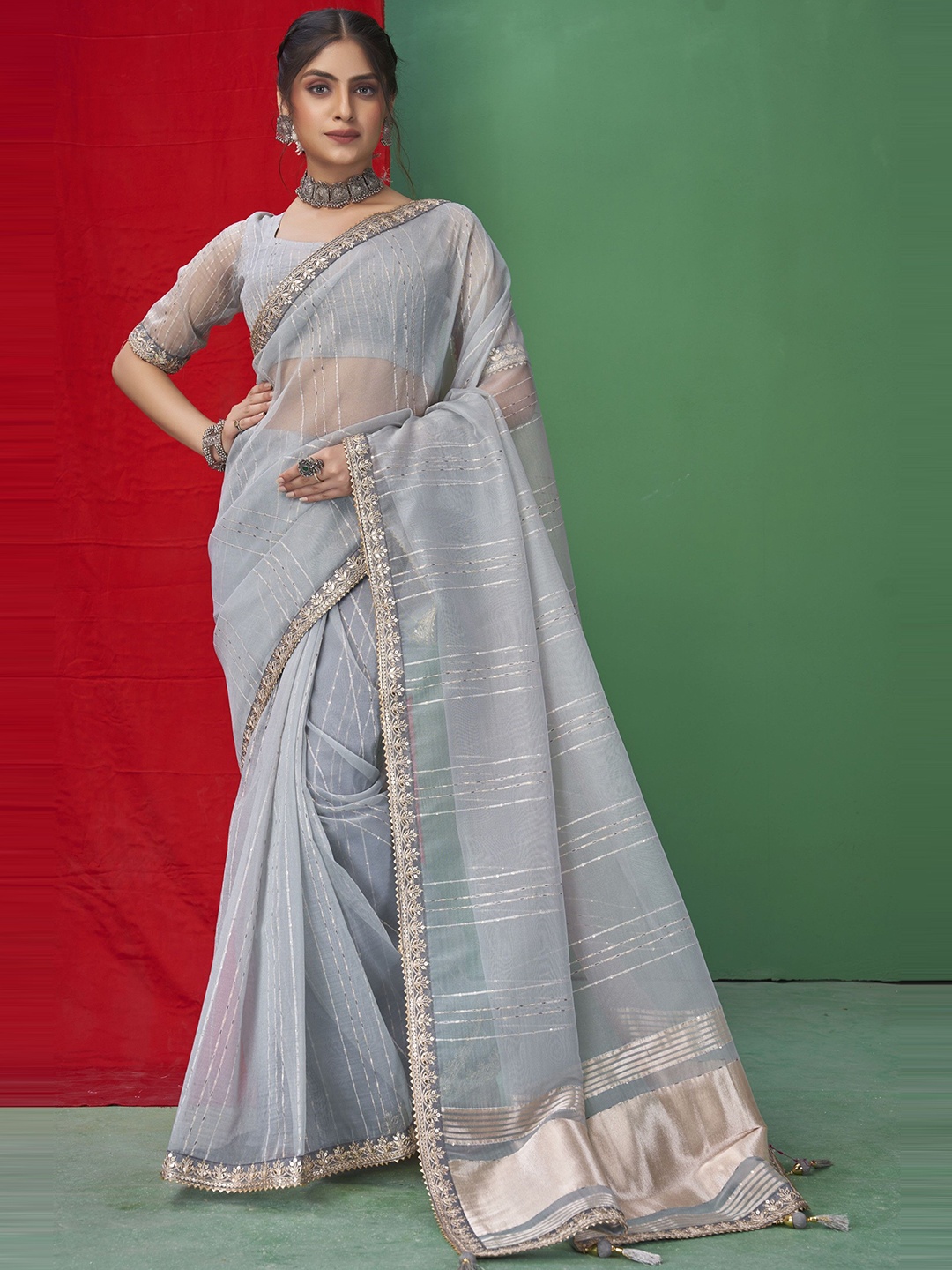 

Mitera Ethnic Motifs Zari Organza Saree, Grey