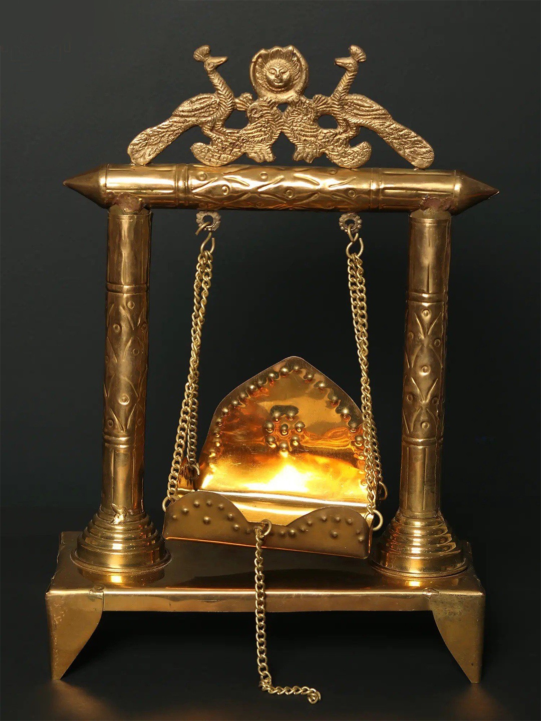 

Exotic India 14" Brass Peacock & Sun God and Goddess Jhoola, Gold