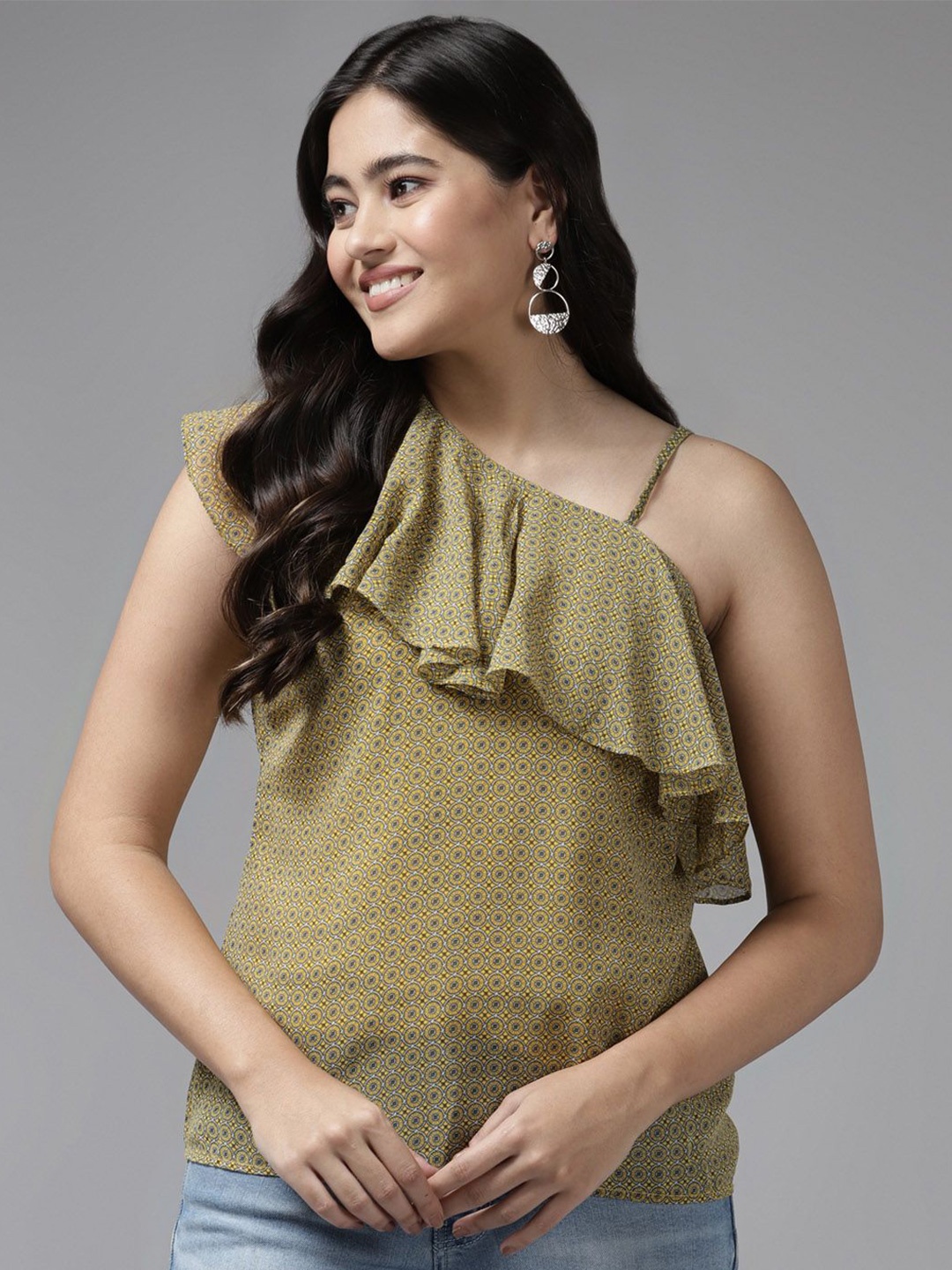 

BAESD Print One Shoulder Georgette Top, Olive