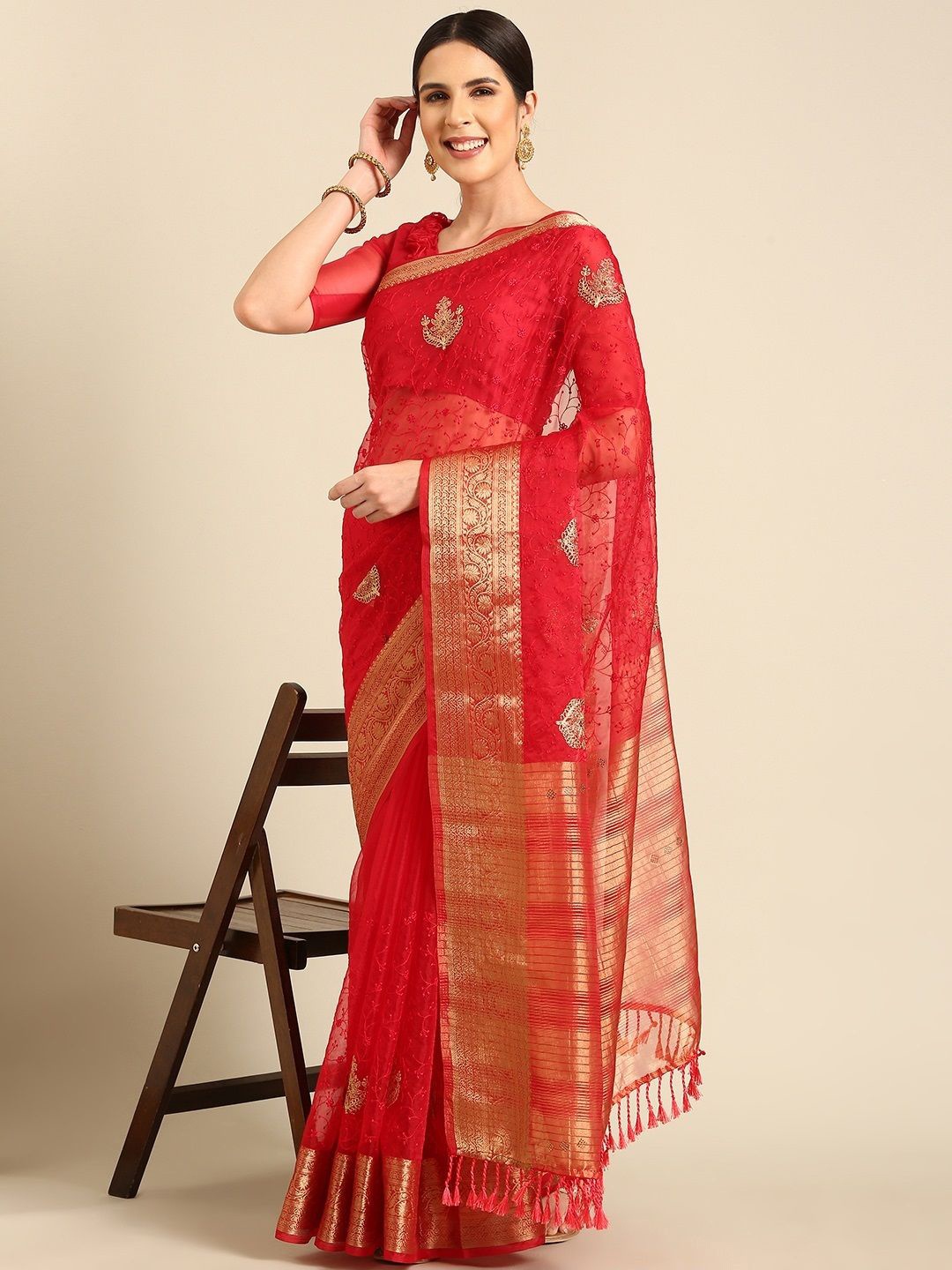 

all about you Woven Design Ethnic Motifs Zari Organza Saree, Red