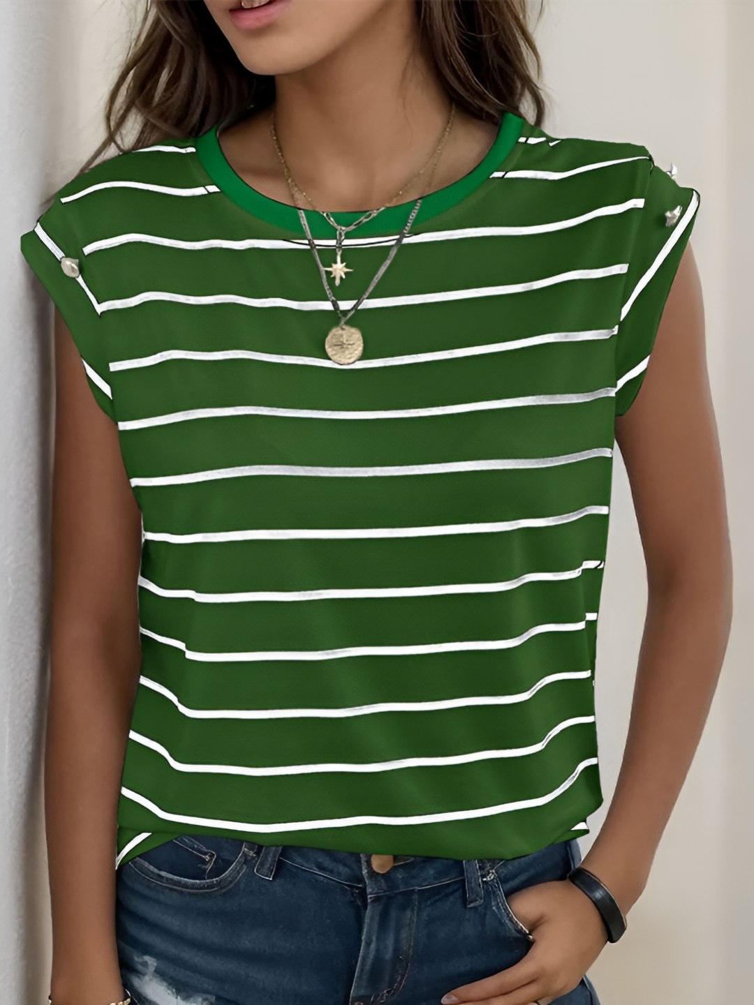 

HERE&NOW Women Striped Henley Neck Pockets T-shirt, Green