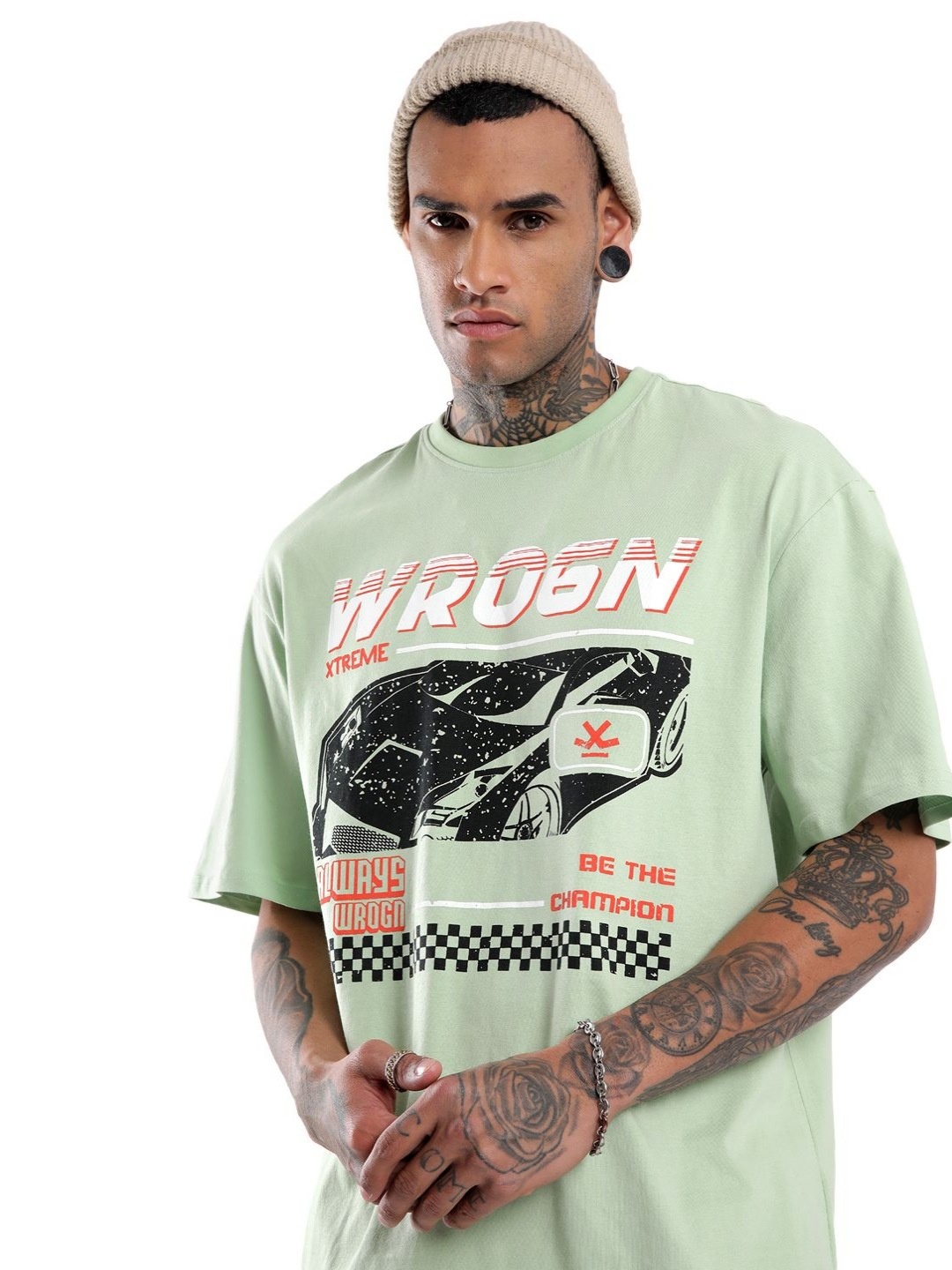 

WROGN Xtreme Graphic Printed Drop-Shoulder Sleeves Oversized Cotton T-shirt, Green