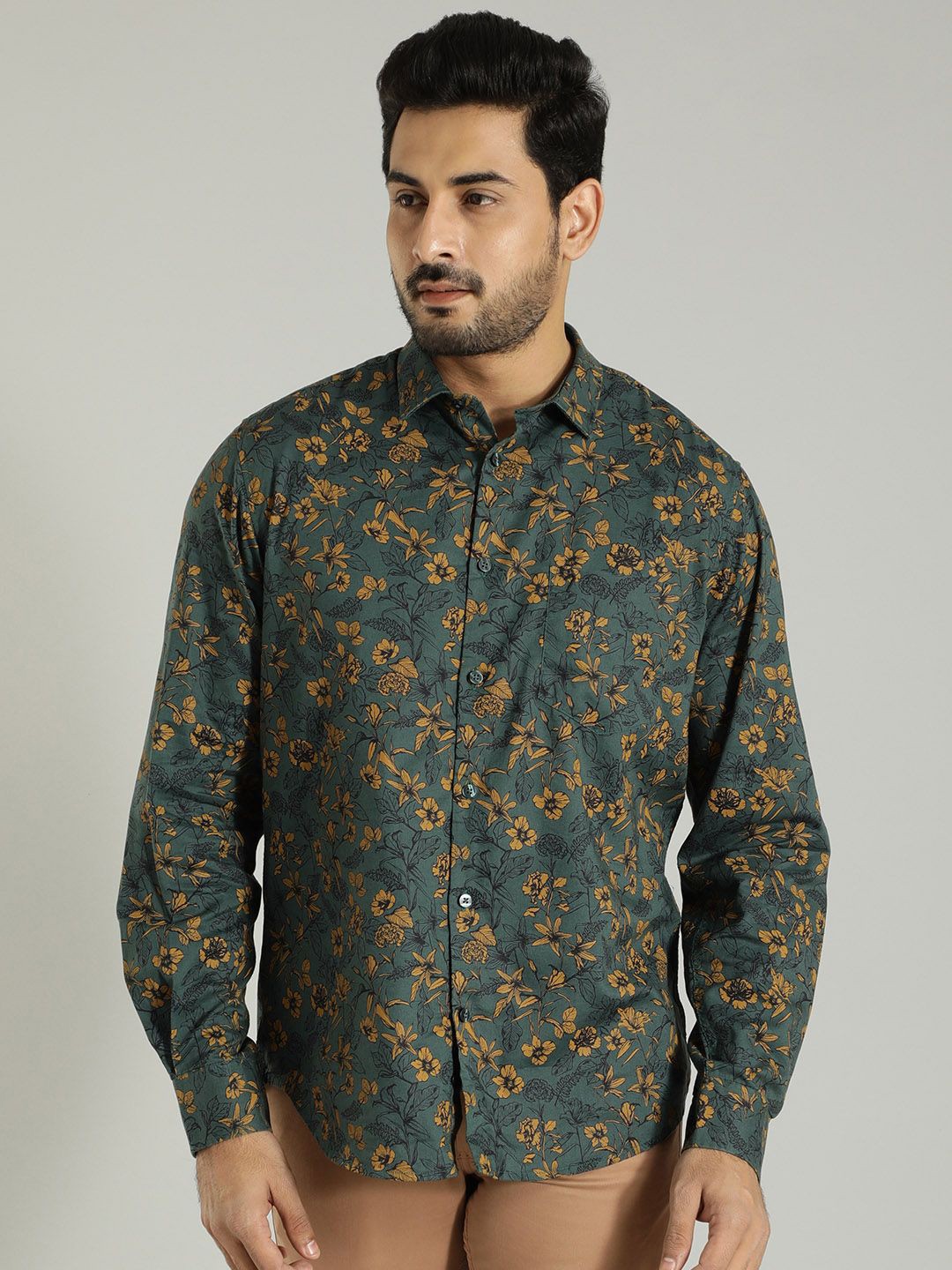

Indian Terrain Men India Slim Spread Collar Floral Printed Cotton Slim Fit Casual Shirt, Green