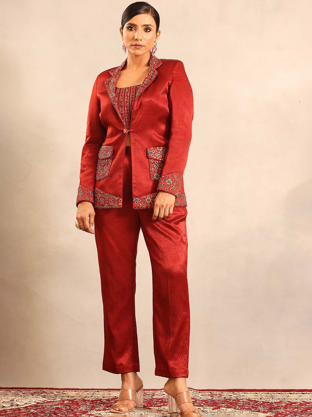 

Sejal Kamdar Ajrakh Embellished Blouse & Jacket with Trousers Co-Ord Set, Red