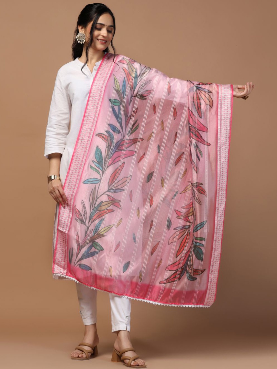 

Kaizen TEXO FAB Ethnic Motifs Printed Organza Dupatta, Pink