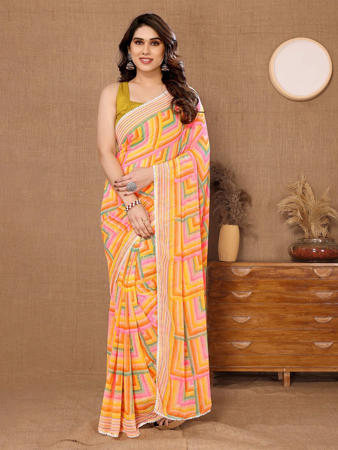 

Upalksh Leheriya Gotta Patti Pure Georgette Ready to Wear Leheriya Saree, Yellow