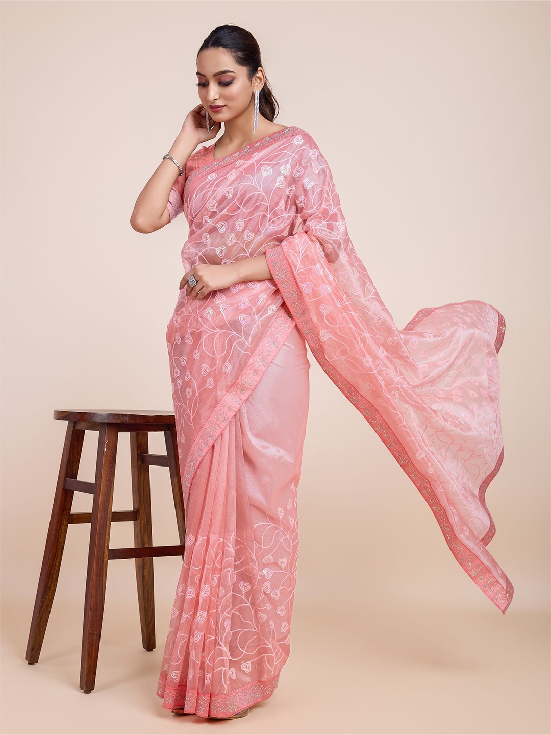 

ejoty fashion Floral Beads and Stones Tissue Saree, Rose gold