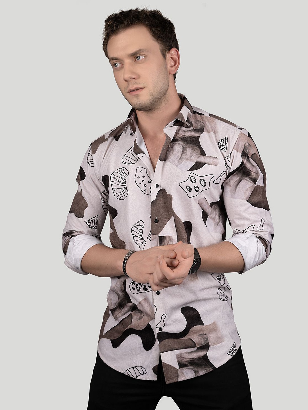 

ALMATY Men Comfort Slim Fit Opaque Printed Party Shirt, Brown