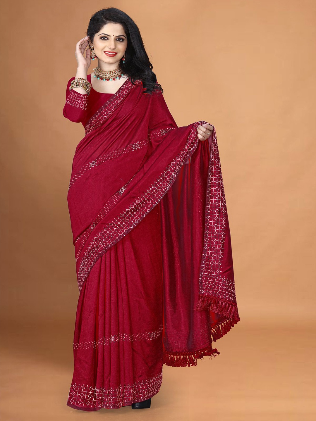 

Sanwariya Silk Embellished Beads and Stones Jute Silk Kanjeevaram Saree, Red