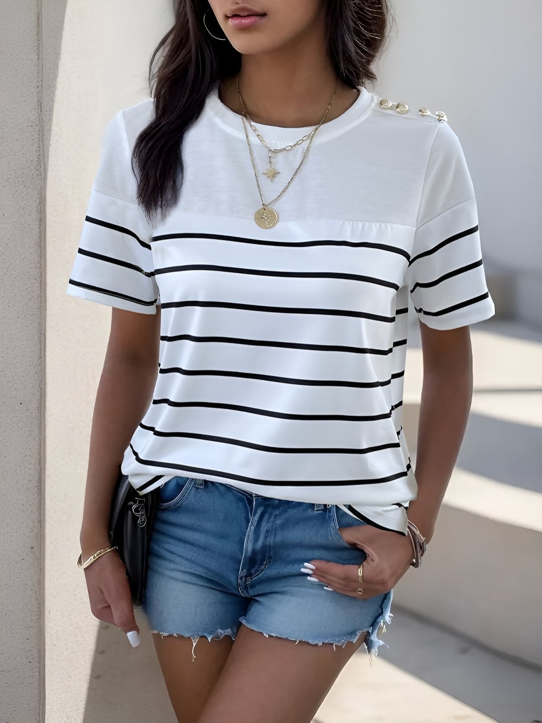 

HERE&NOW Women Striped Henley Neck Pockets T-shirt, White