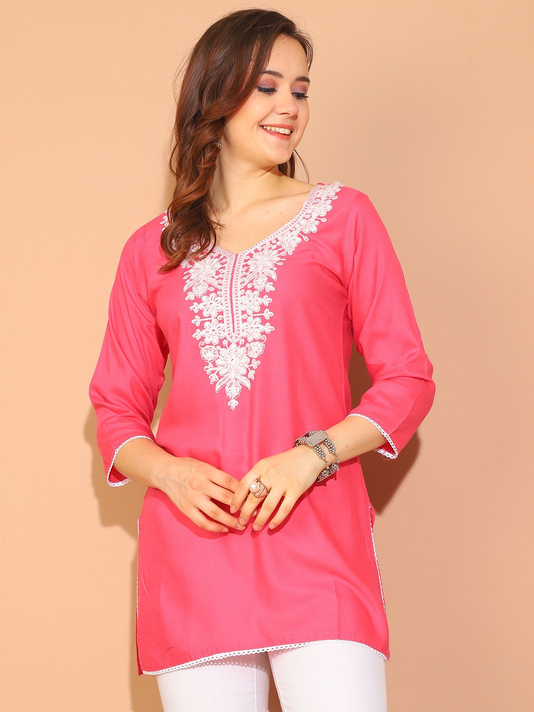

KALINI Sweetheart Neck Embroidered Tunic, Pink