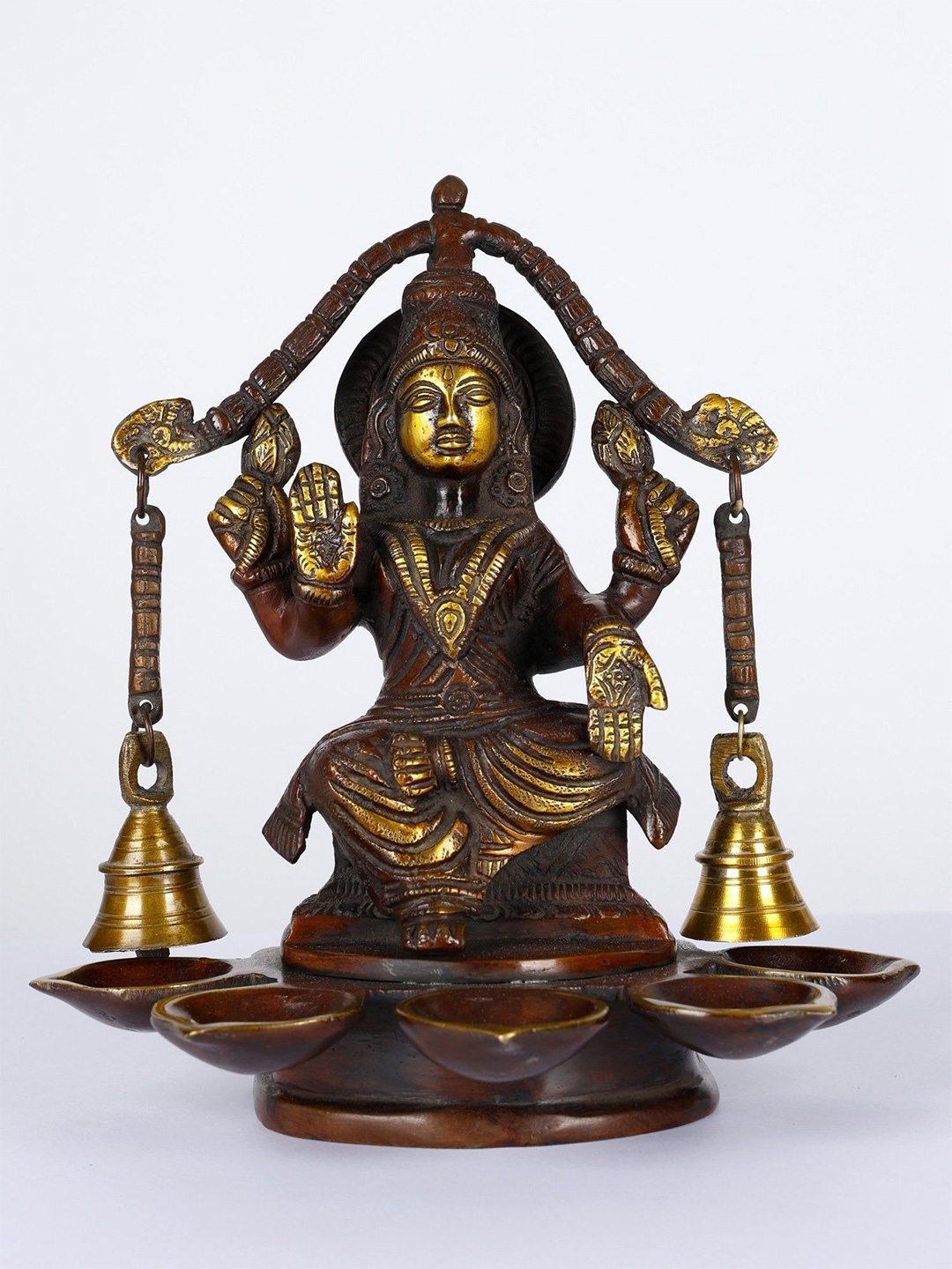 

Exotic India Brass Goddess Lakshmi Five Wicks Lamp with Bells, Gold