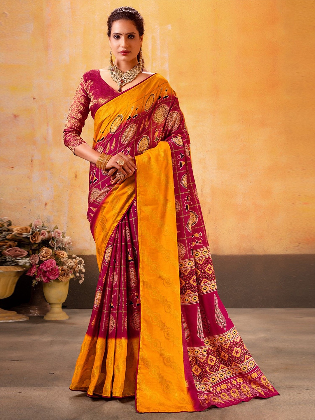 

Mitera Woven Design Printed Warli Zari Patola Saree, Yellow