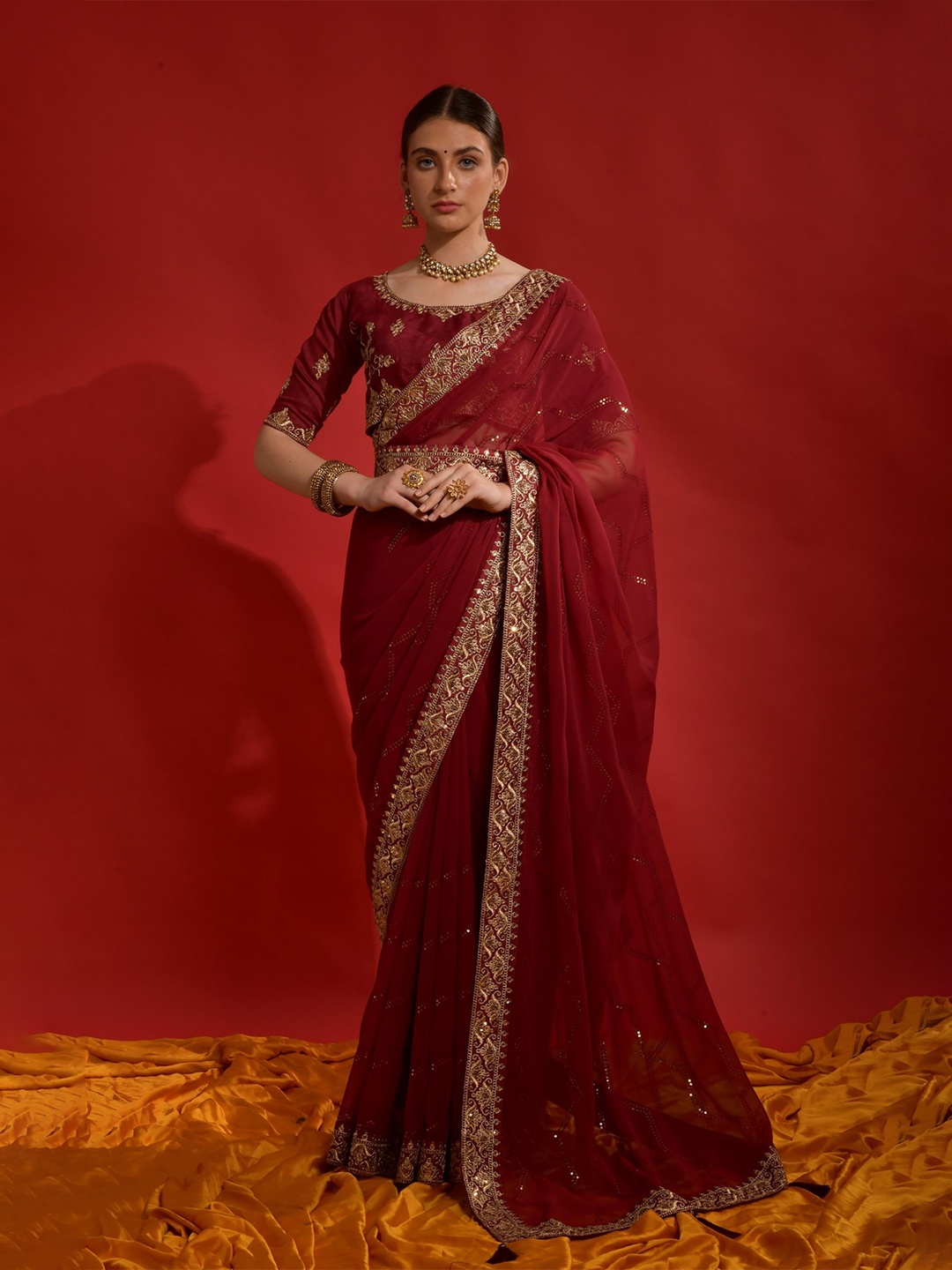 

Mitera Sequinned Poly Georgette Designer Saree, Red