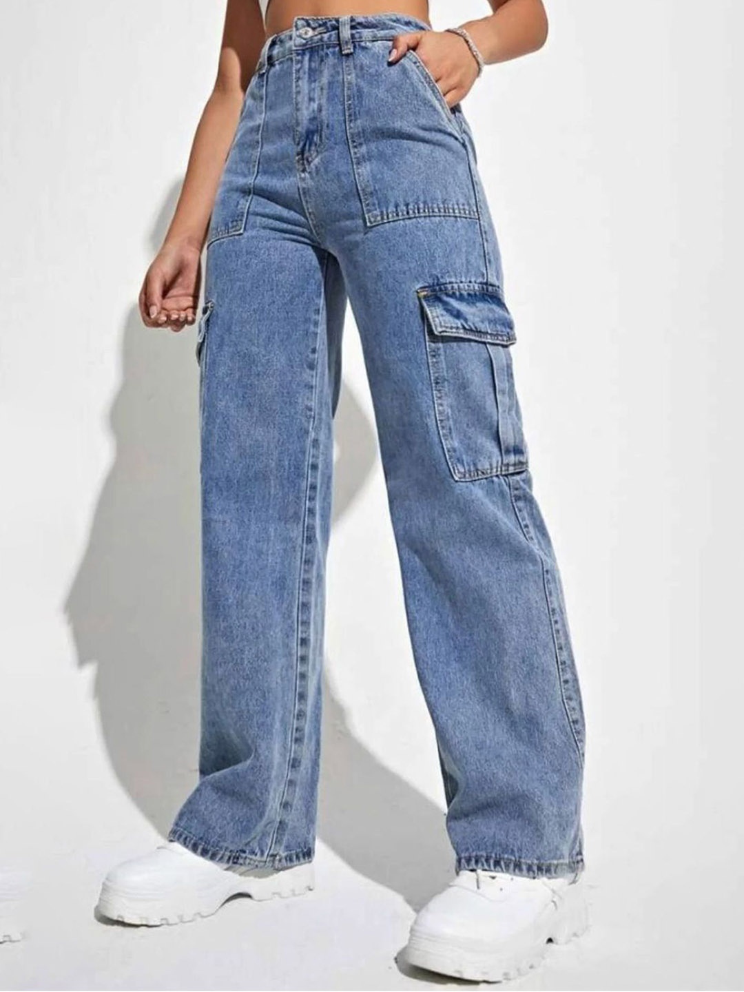 

LULU & SKY Women Straight Fit High-Rise Cargo Jeans, Blue