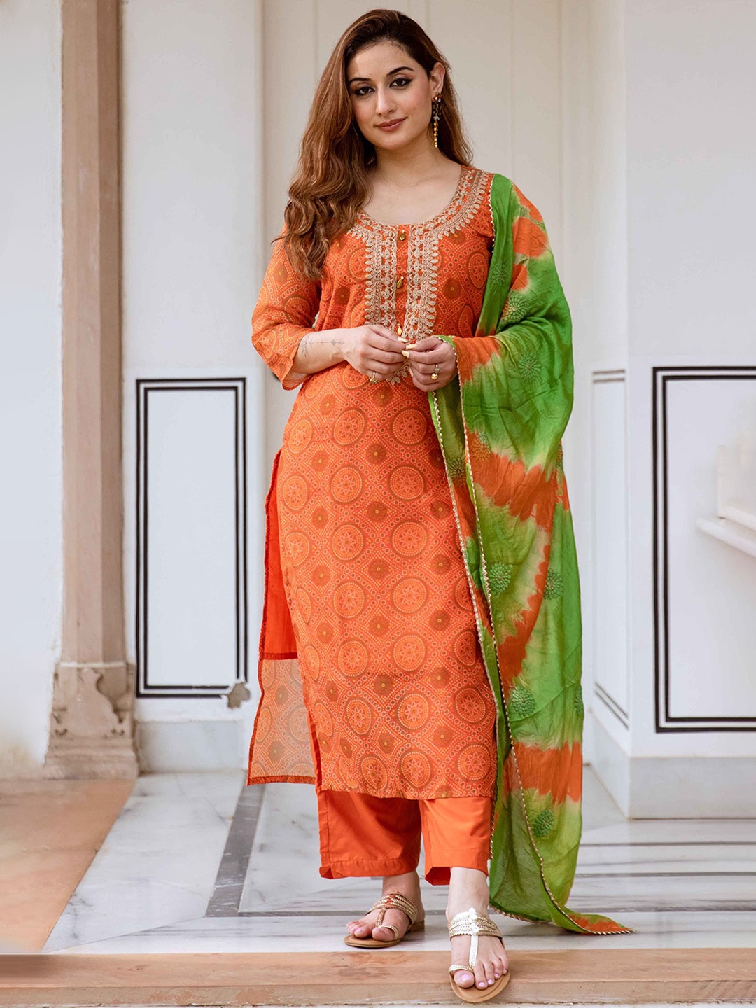 

KALINI Women Bandhani Printed Regular Beads and Stones Kurta with Trousers & With Dupatta, Orange