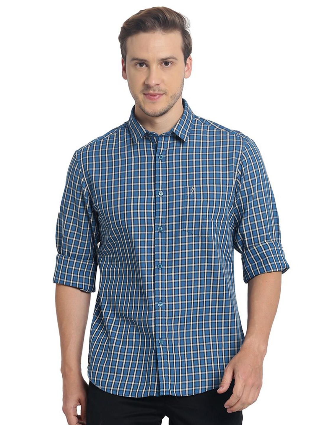 

Indian Terrain Men India Slim Spread Collar Checked Cotton Slim Fit Casual Shirt, Blue