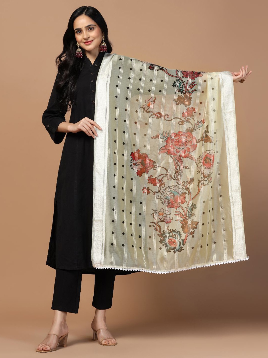 

Kaizen TEXO FAB Floral Printed Organza Dupatta, Grey