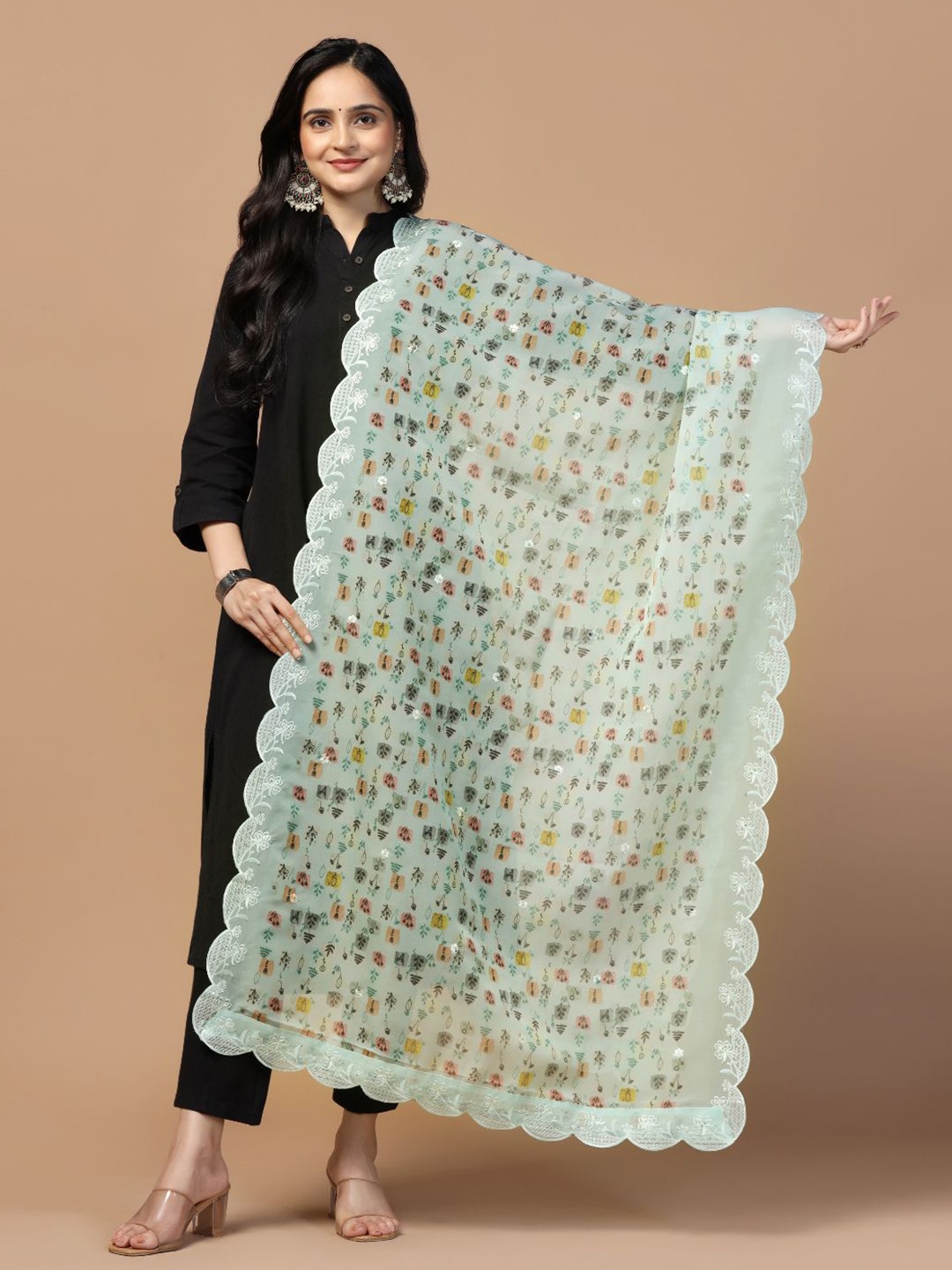 

Kaizen TEXO FAB Floral Printed Organza Dupatta, Sea green