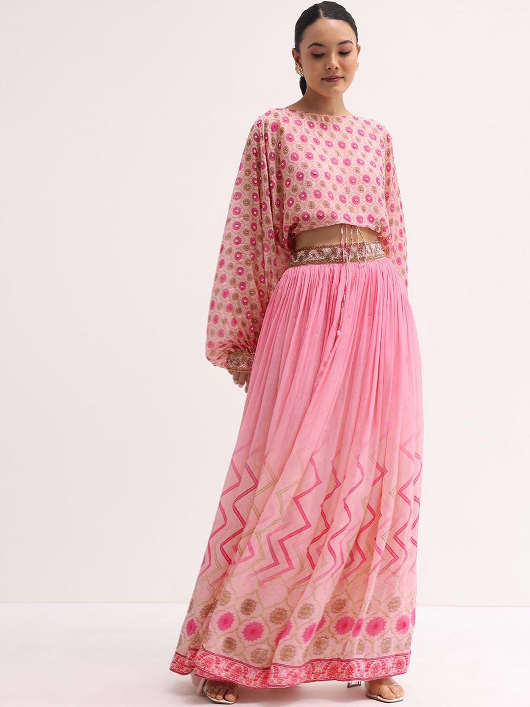 

KALKI Printed Crop Top And Skirt Co-Ord Set, Pink