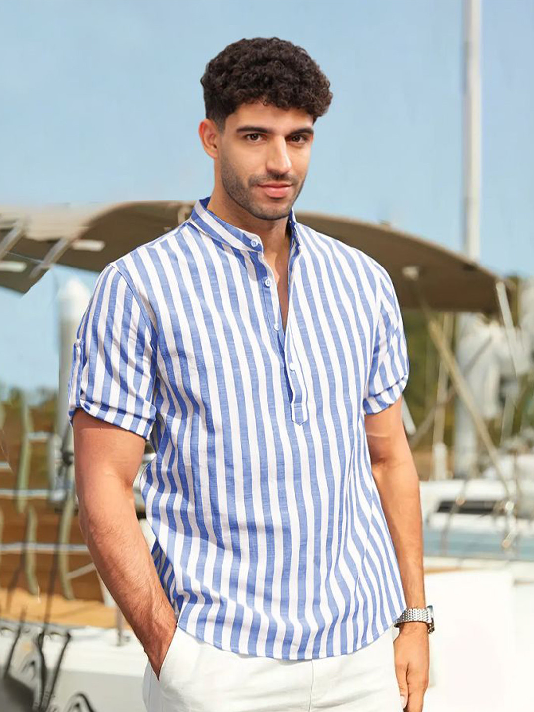 

HAMPTONS Cotton Blend Stripes Casual Henley Shirt, Blue