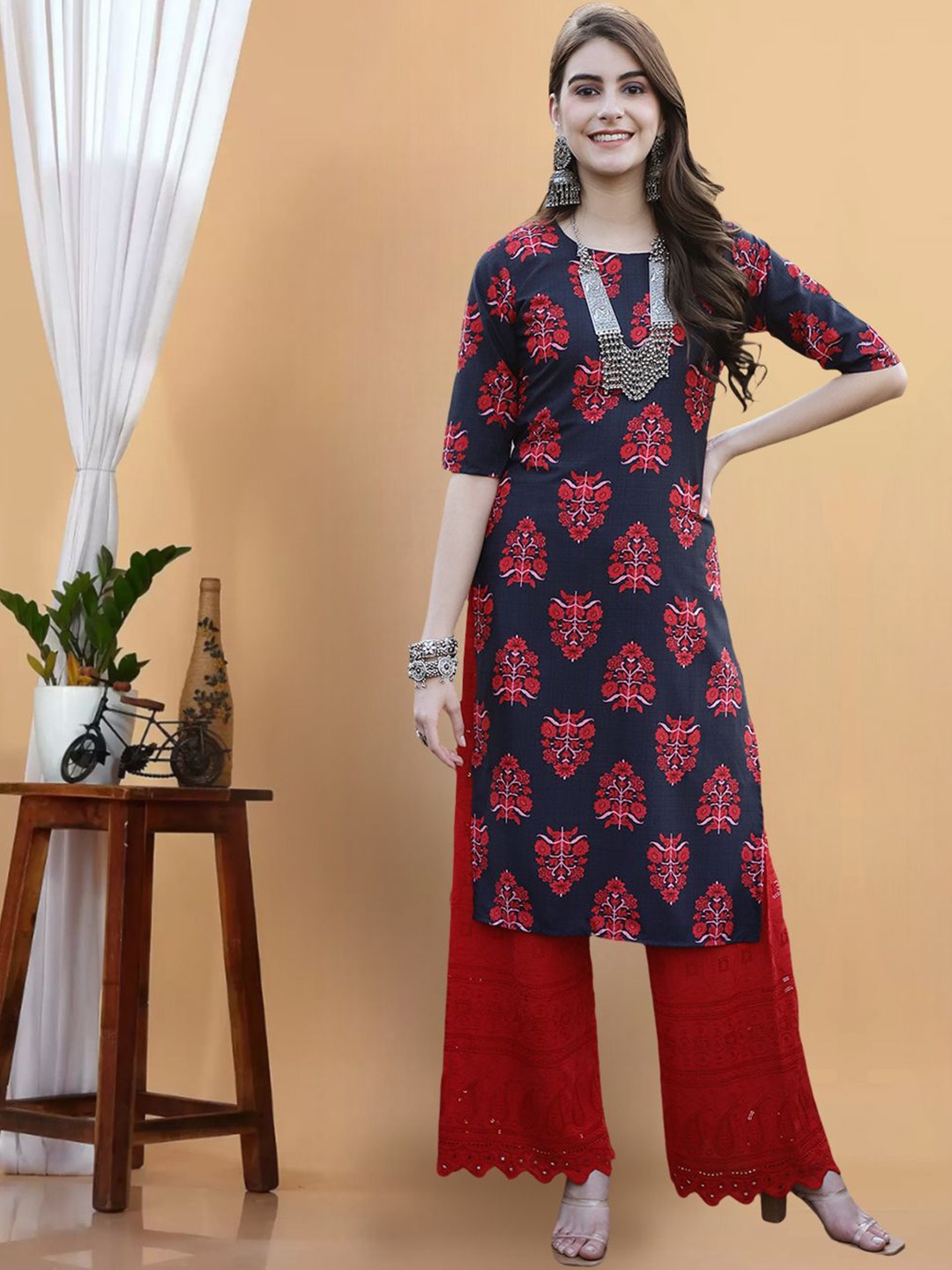 

7Threads Women Floral Printed Flared Sleeves Mirror Work Floral Crepe Kurta, Multi