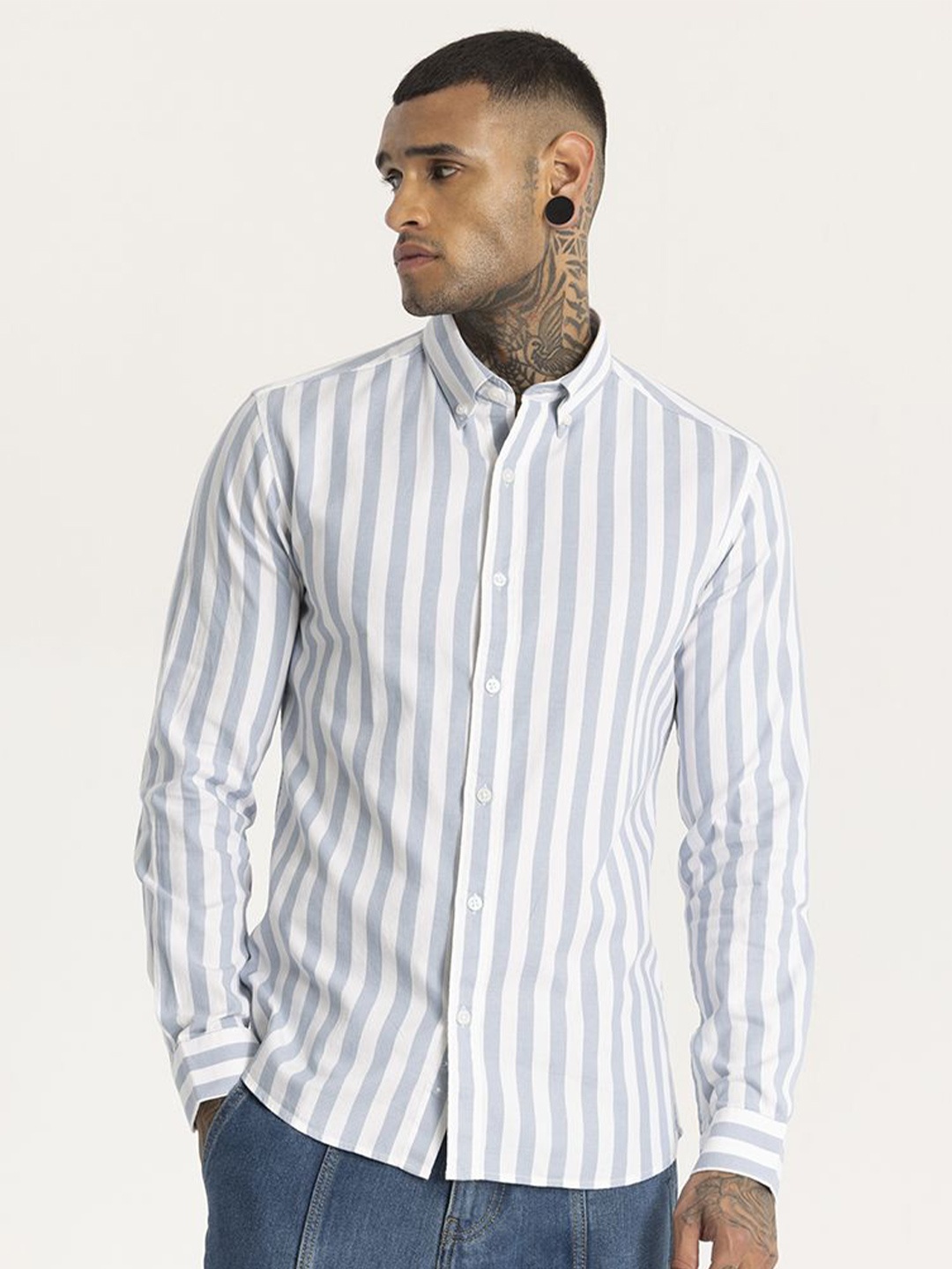 

Snitch Men Smart Slim Fit Opaque Striped Casual Shirt, Blue