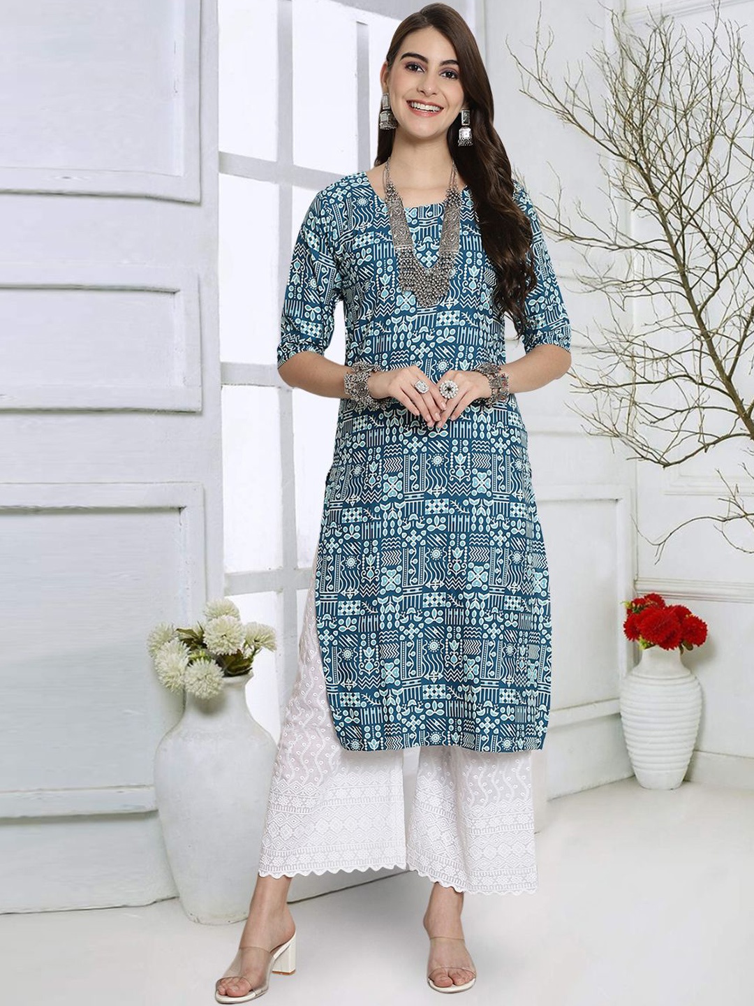 

7Threads Women Geometric Printed Keyhole Neck Mirror Work Floral Crepe Kurta, Multi