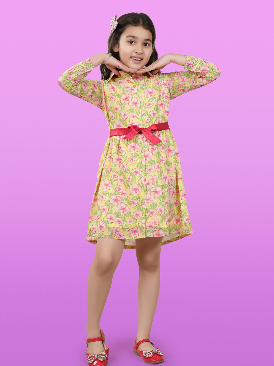 

RANJ Girls Floral Printed Shirt Dress, Yellow