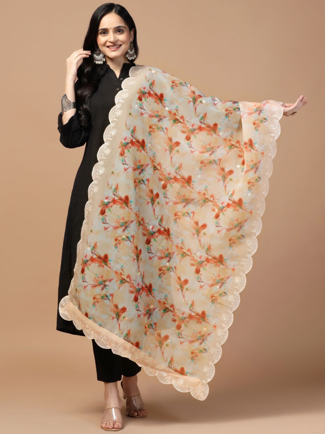 

Kaizen TEXO FAB Floral Printed Sequin Embellished Organza Dupatta, Peach